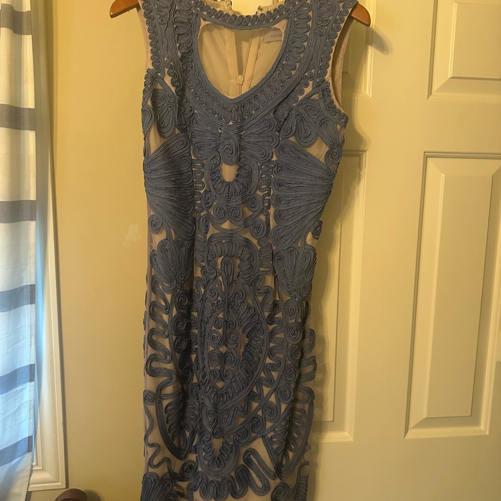 JS Collections Blue Tan Sheath Dress Scoop Neck Sleeveless